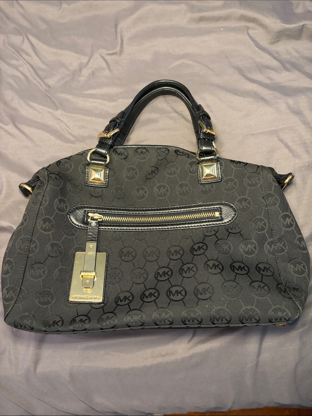 Michael Kors Black MK Logo Satchel with Gold Hardware